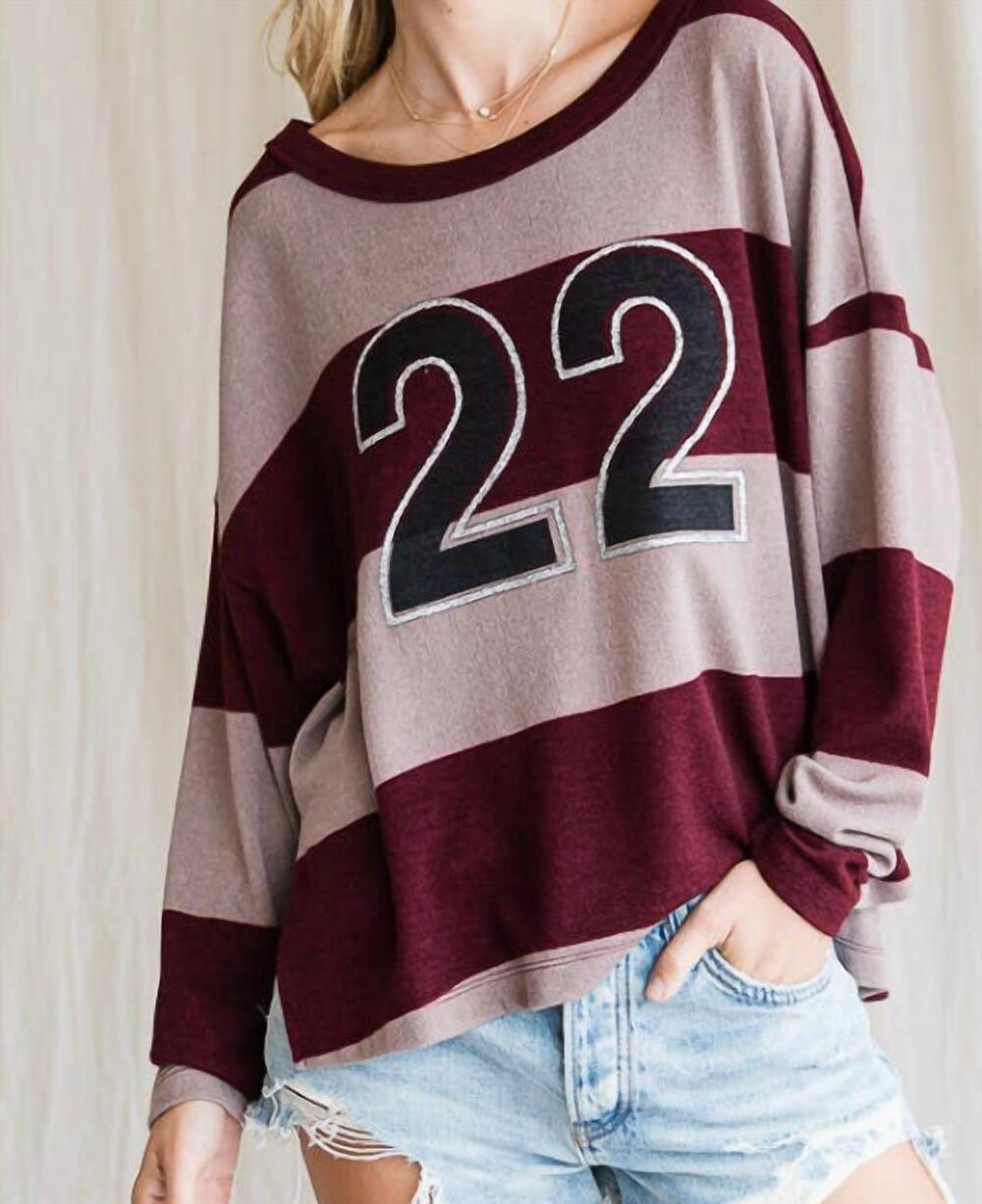 NEW BUCKETLIST color-block number 22 long sleeve top in burgundy stripe